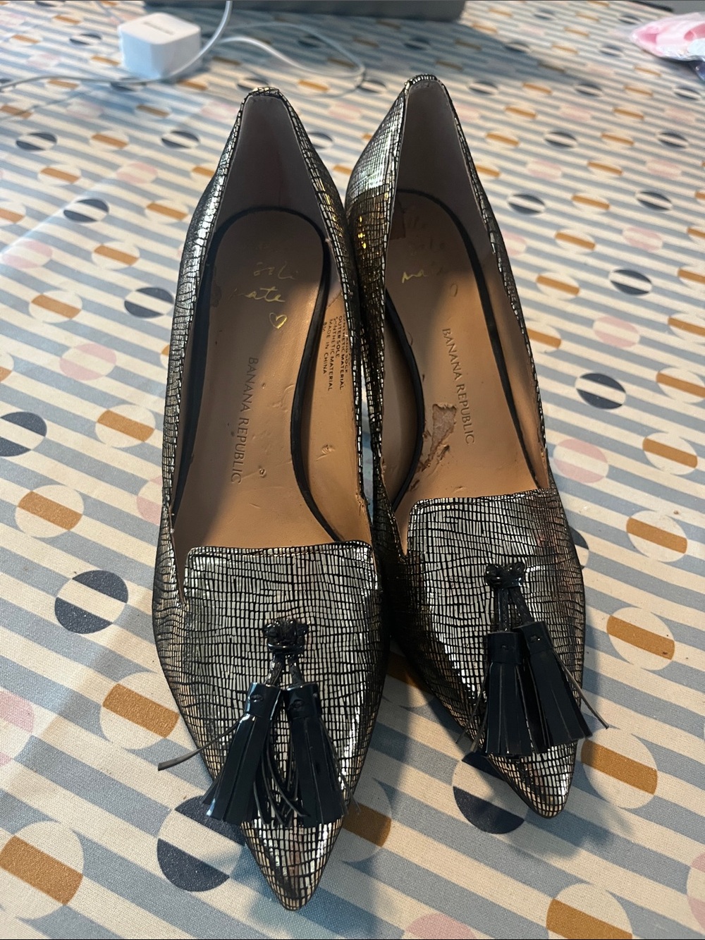 Banana Republic Metallic Silver-Black Tassel Pointed heels
